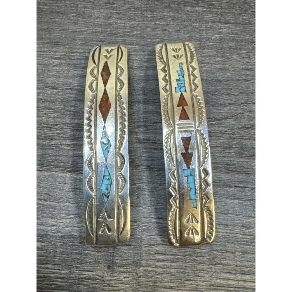 2 Vtg Navajo Native Stamped Sterling Turquoise Coral Inlay Hair Clip Barrette 3”